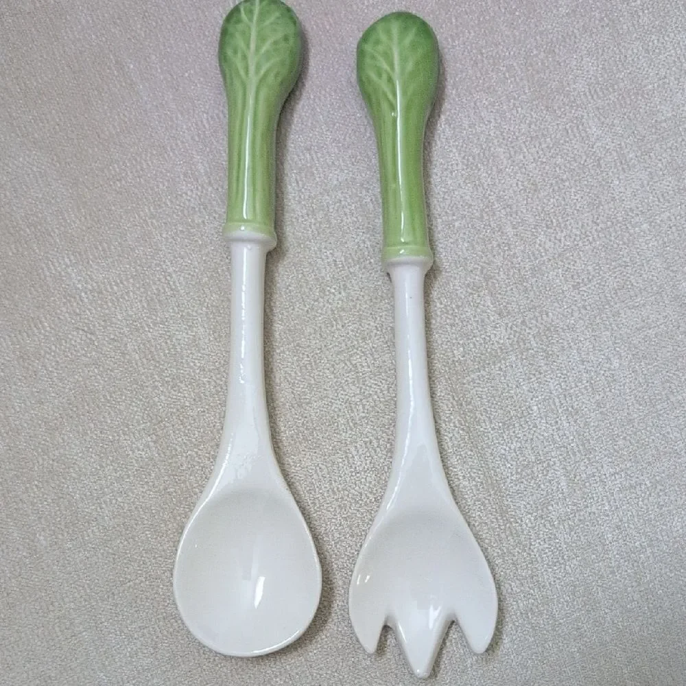 Green and White Ceramic Cabbage Handle Salad Servers